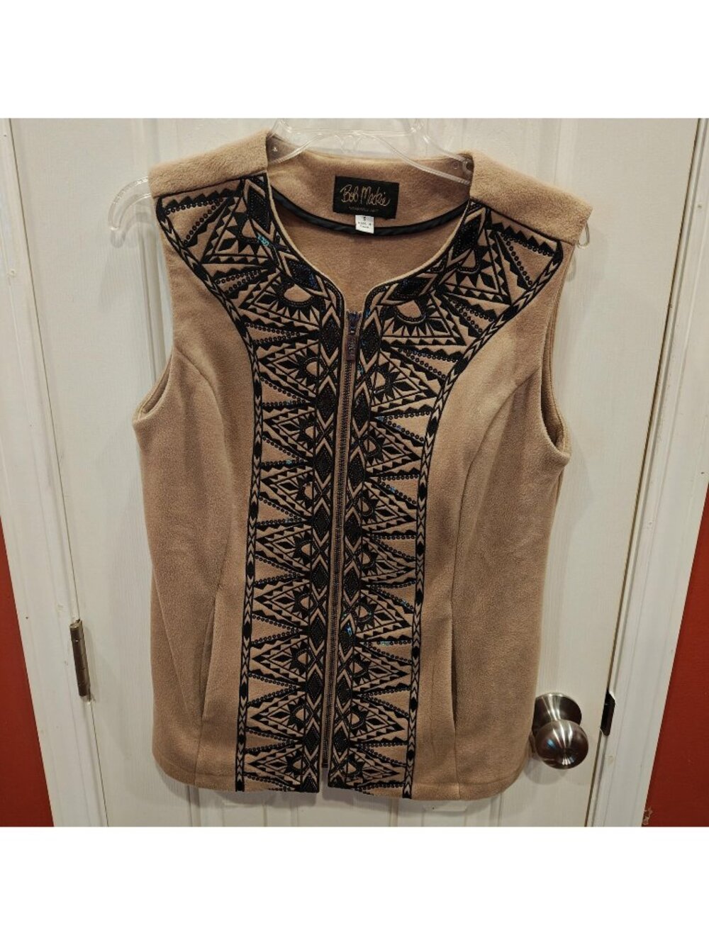 Bob Mackie Wearable Art Vest Womens Small Beige Zip Fleece Tribal Sequin Pockets